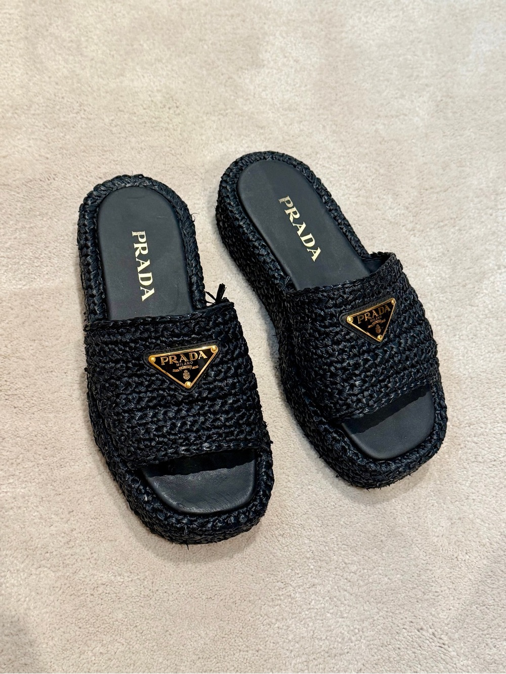 Prada Black Raffia Slide Mules with Gold Logo